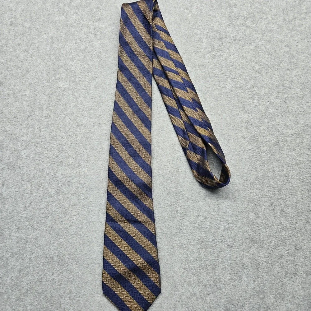 Paul Fredrick Tie Mens One Size Navy Gold Striped 100%‎ Silk Herringbone Classic